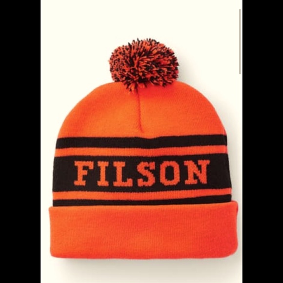 Filson Mens Logo Beanie+Hat+Orange+Pom Pom+Orange - Picture 2 of 2